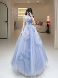 Classy Elegant Ball Gown Sweetheart Blue Tulle Flowers Prom Dresses HZ1121