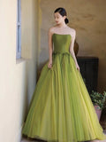 Classy Elegant Ball Gown Strapless Green Sleeveless Tulle Long Prom Dresses HZ1121