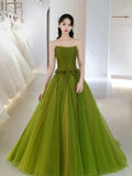 Classy Elegant Ball Gown Strapless Green Sleeveless Tulle Long Prom Dresses HZ1121