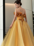 Classy Elegant Ball Gown Strapless Yellow Sleeveless Tulle Long Prom Dresses HZ1121
