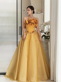 Classy Elegant Ball Gown Strapless Yellow Sleeveless Tulle Long Prom Dresses HZ1121