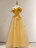 Classy Elegant Ball Gown Strapless Yellow Sleeveless Tulle Long Prom Dresses HZ1121