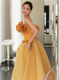 Classy Elegant Ball Gown Strapless Yellow Sleeveless Tulle Long Prom Dresses HZ1121