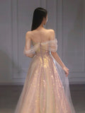 Classy Elegant Ball Gown Off The Shoulder Pink Short Sleeves Tulle Long Prom Dresses HZ1121