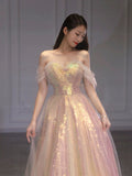 Classy Elegant Ball Gown Off The Shoulder Pink Short Sleeves Tulle Long Prom Dresses HZ1121