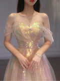 Classy Elegant Ball Gown Off The Shoulder Pink Short Sleeves Tulle Long Prom Dresses HZ1121