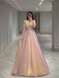 Classy Elegant Ball Gown Off The Shoulder Pink Short Sleeves Tulle Long Prom Dresses HZ1121