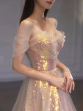 Classy Elegant Ball Gown Off The Shoulder Pink Short Sleeves Tulle Long Prom Dresses HZ1121