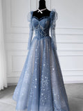 Classy A Line Sweetheart Long Sleeves Blue Sequin Evening Dress Long Prom Dresses HZ1121