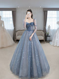 Classy A Line Sweetheart Long Sleeves Blue Sequin Evening Dress Long Prom Dresses HZ1121