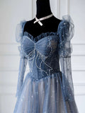 Classy A Line Sweetheart Long Sleeves Blue Sequin Evening Dress Long Prom Dresses HZ1121