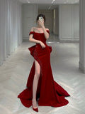 Classy Mermaid Off The Shoulder Satin Burgundy Short Sleeves Evening Dress Long Prom Dresses HZ1121