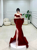 Classy Mermaid Off The Shoulder Satin Burgundy Short Sleeves Evening Dress Long Prom Dresses HZ1121