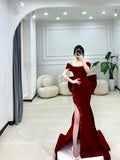 Classy Mermaid Off The Shoulder Satin Burgundy Short Sleeves Evening Dress Long Prom Dresses HZ1121