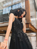 Classy Elegant A Line Spaghetti Straps Black Tulle Long Prom Dresses HZ1121