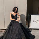 Classy Elegant A Line Spaghetti Straps Black Tulle Long Prom Dresses HZ1121