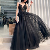 Classy Elegant A Line Spaghetti Straps Black Tulle Long Prom Dresses HZ1121
