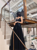 Classy Elegant A Line Spaghetti Straps Black Tulle Long Prom Dresses HZ1121