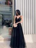 Classy Elegant A Line Spaghetti Straps Black Tulle Long Prom Dresses HZ1121
