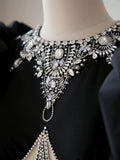 Classy Elegant Ball Gown Short Sleeves Beads Black Satin Long Prom Dresses HZ1121
