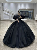 Classy Elegant Ball Gown Short Sleeves Beads Black Satin Long Prom Dresses HZ1121