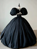 Classy Elegant Ball Gown Short Sleeves Beads Black Satin Long Prom Dresses HZ1121