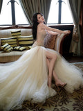 Classy Mermaid Sweetheart Long Tulle Beads Sequin Evening Dress Long Prom Dresses HZ1121