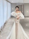 Elegant Mermaid Off The Shoulder White Lace Long Sleeves Wedding Dresses Brides Dress HZ1121