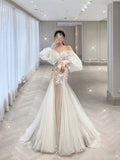 Elegant Mermaid Off The Shoulder White Lace Long Sleeves Wedding Dresses Brides Dress HZ1121