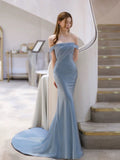 Classy Mermaid Off The Shoulder Satin Blue Short Sleeves Evening Dress Long Prom Dresses HZ1121