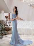 Classy Mermaid Off The Shoulder Satin Blue Short Sleeves Evening Dress Long Prom Dresses HZ1121
