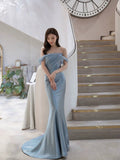 Classy Mermaid Off The Shoulder Satin Blue Short Sleeves Evening Dress Long Prom Dresses HZ1121