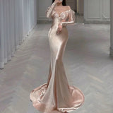 Classy Mermaid Off The Shoulder Satin Pink Long Sleeves Evening Dress Long Pink Prom Dresses HZ1121