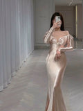 Classy Mermaid Off The Shoulder Satin Pink Long Sleeves Evening Dress Long Pink Prom Dresses HZ1121