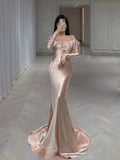 Classy Mermaid Off The Shoulder Satin Pink Long Sleeves Evening Dress Long Pink Prom Dresses HZ1121