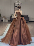 Classy Elegant Ball Gown Strapless Brown Tulle Sleeveless Long Prom Dresses HZ1121