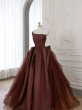 Classy Elegant Ball Gown Strapless Brown Tulle Sleeveless Long Prom Dresses HZ1121