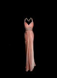 Classy A Line Halter Pink Beads Evening Dress Long Prom Dresses HZ1121