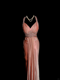 Classy A Line Halter Pink Beads Evening Dress Long Prom Dresses HZ1121