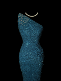 Classy Mermaid One Shoulder Blue Sequin Beads Long Evening Dress Prom Dresses HZ1121