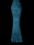 Classy Mermaid One Shoulder Blue Sequin Beads Long Evening Dress Prom Dresses HZ1121