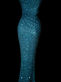 Classy Mermaid One Shoulder Blue Sequin Beads Long Evening Dress Prom Dresses HZ1121