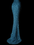 Classy Mermaid One Shoulder Blue Sequin Beads Long Evening Dress Prom Dresses HZ1121