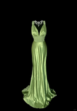 Vintage Classy Mermaid V Neckline Sage Green Beads Long Evening Dress Prom Dresses HZ1121