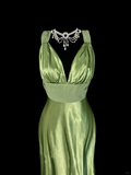 Vintage Classy Mermaid V Neckline Sage Green Beads Long Evening Dress Prom Dresses HZ1121