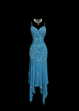 Classy Elegant Sheath Spaghetti Straps Blue Beading Sleeveless Chiffon Prom Dresses HZ1121