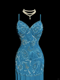 Classy Elegant Sheath Spaghetti Straps Blue Beading Sleeveless Chiffon Prom Dresses HZ1121