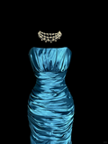 Vintage Classy Mermaid Strapless Blue Satin Sleeveless Pleated Long Evening Dress Prom Dresses HZ1121