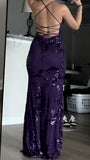 Sexy V Neck Purple Satin Sequin Backless Mermaid Evening Dress Long Party HZ0308