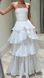 Strapless Ruffle White Prom Dresses Full Length Sleeveless Evening Party HZ0308